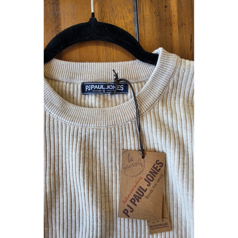 NWT PJ Paul Jones‎ Mens Ribbed Knit Crewneck Sweater Beige Sz S Preppy Old Money - Picture 3 of 7
